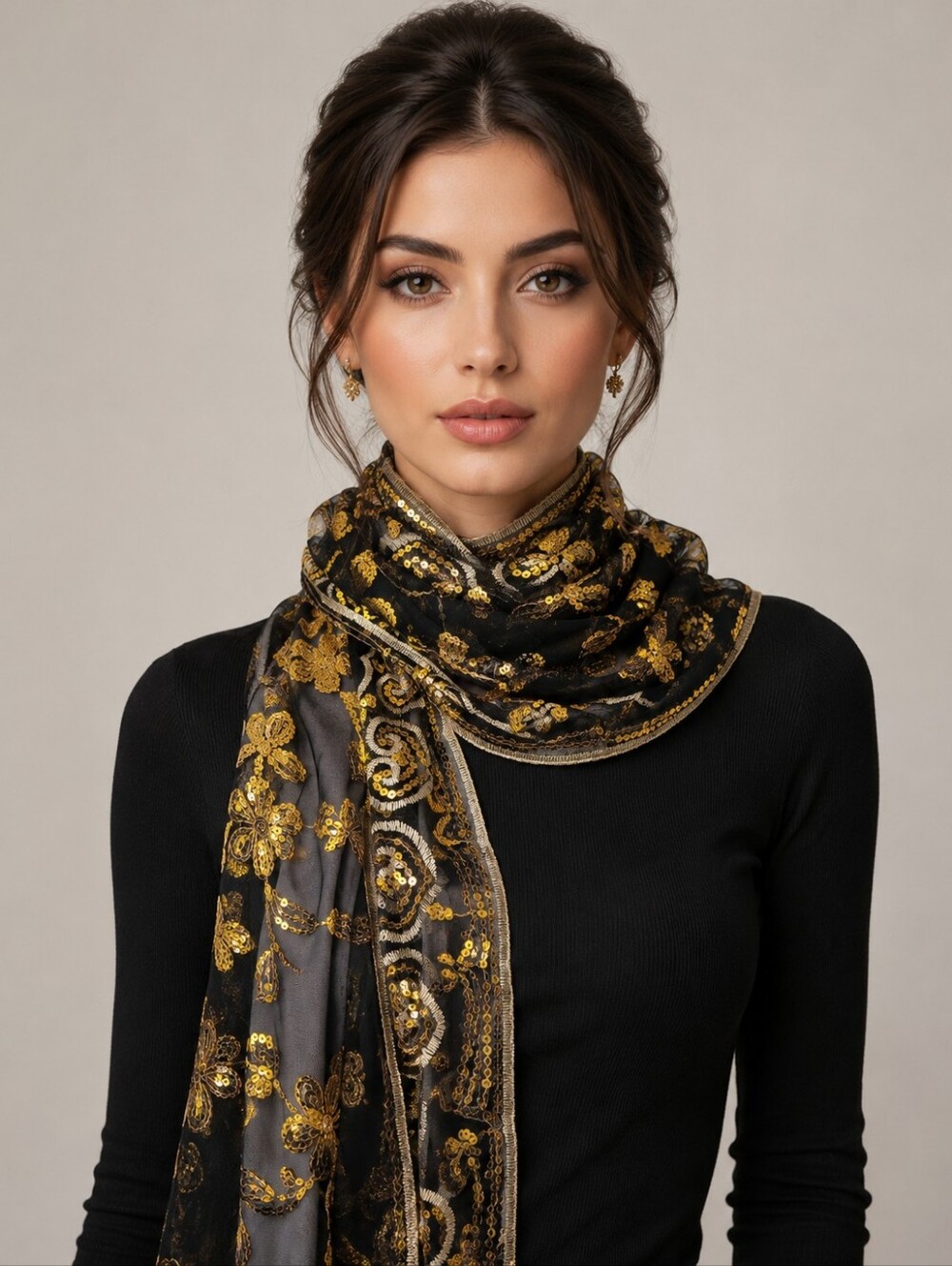 NWOT Black and Gold Floral Embroidered Sequin Mesh Large Women Scarf Shawl Wrap
